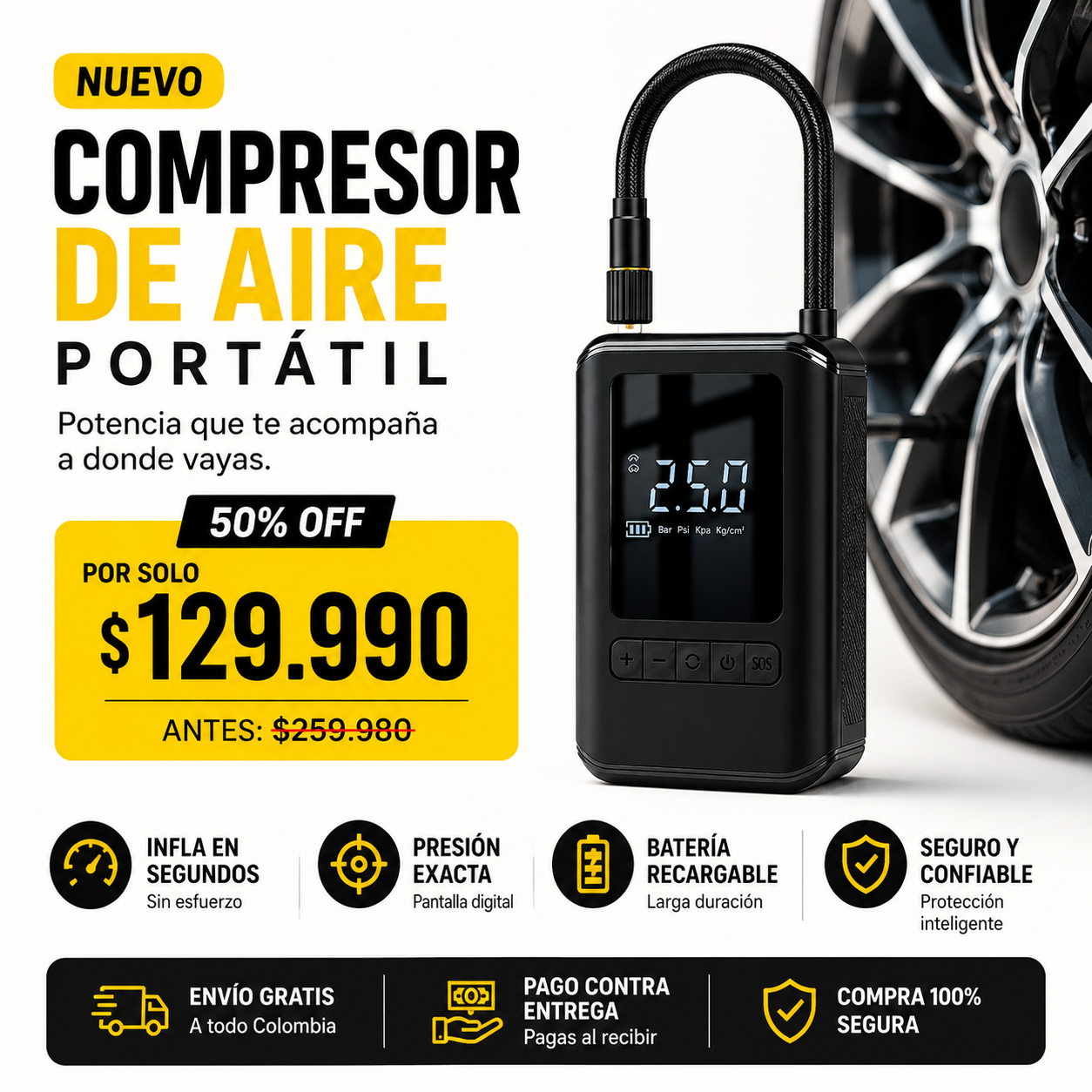 🔥 Nuevo Compresor de Aire Portátil Inteligente 50% OFF + Envío Gratis + Pago Contra Entrega